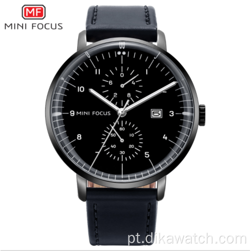 MINI 0052G Marca Moda Negócios Couro Homens Relógios de Quartzo Reloj De Hombre Chronograph Relógios de pulso à prova d&#39;água para homens